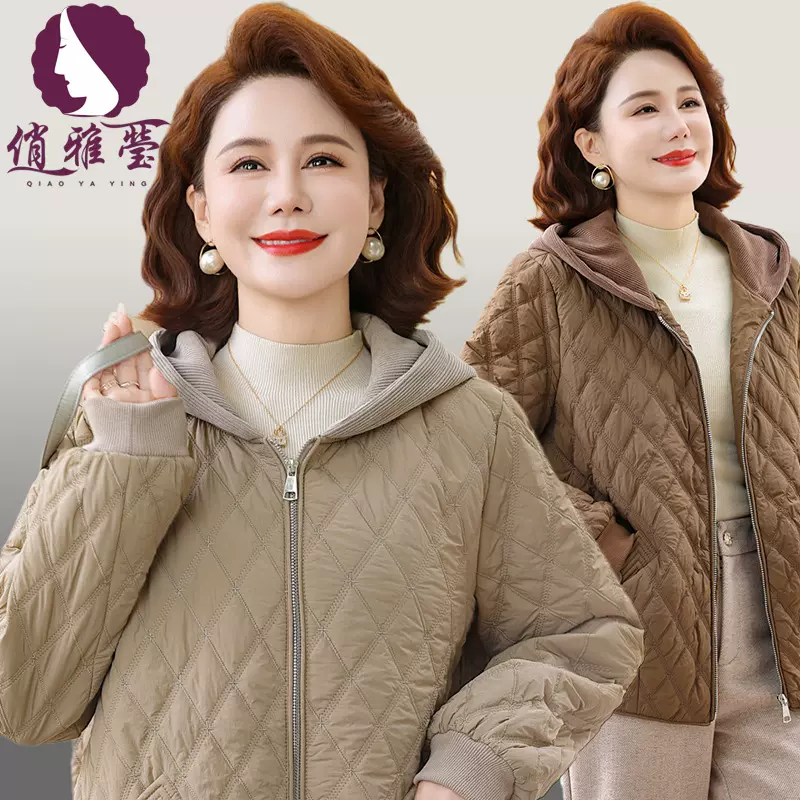 妈妈冬装连帽休闲上衣中老年女装秋冬季菱形格大码保暖加厚棉衣服