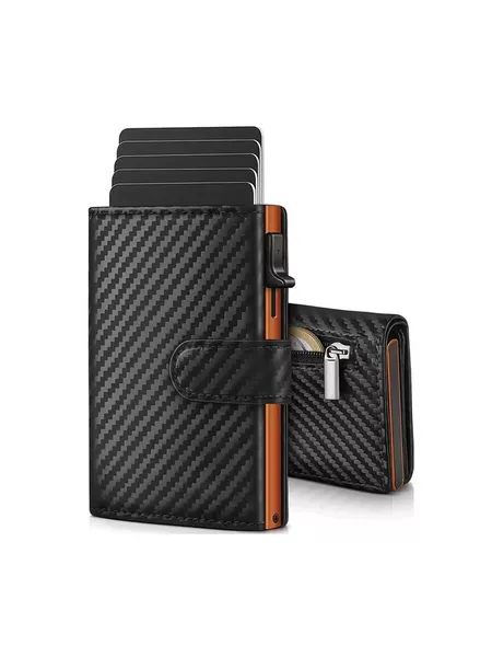 Men's carbon fiber textured RFID anti-theft wallet with automatic card ejector, multi-functional zipper coin purse, and large capacity