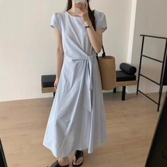 韓国風！ 2025 夏の新デザインウエストストラップウエスト痩身プリーツ半袖ドレス女性のための