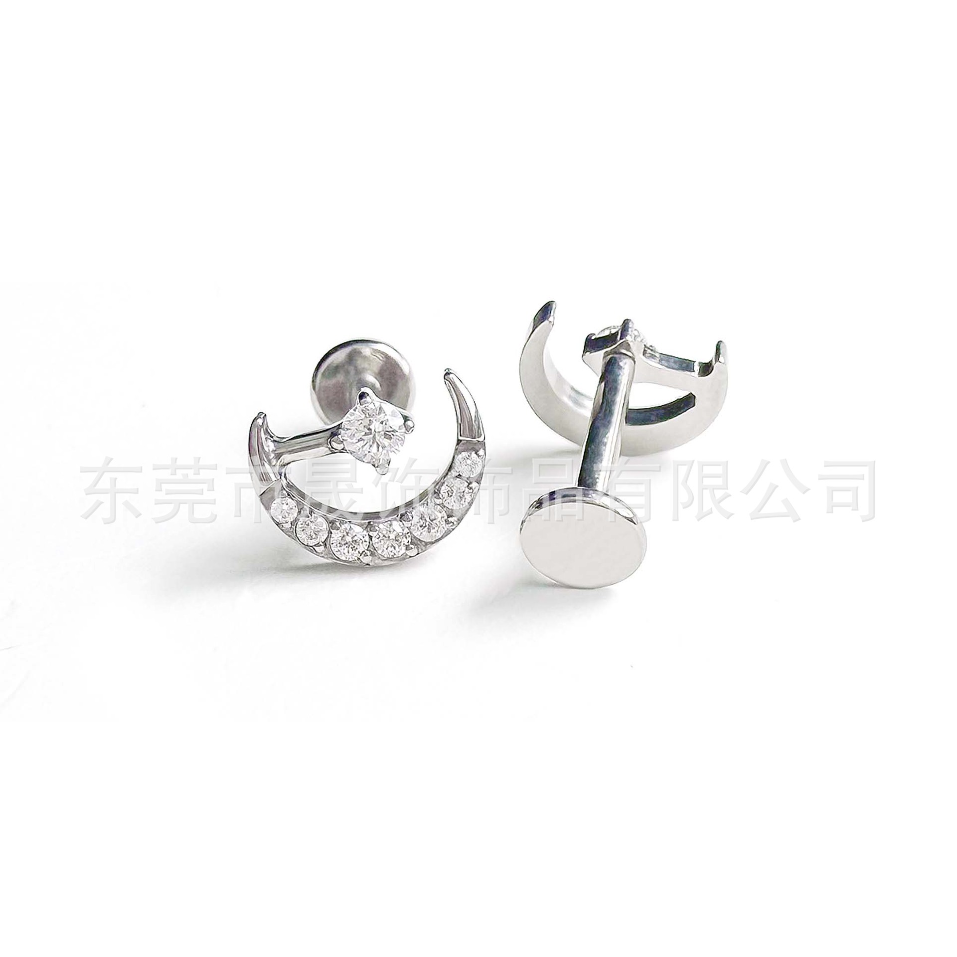F136 Titanium Studded Cubic Zirconia Moon Ear Stud Labret Stud 植入级 G23 Implant Grade Titanium 人体 Piercing Jewelry Helix Cartilage Stud