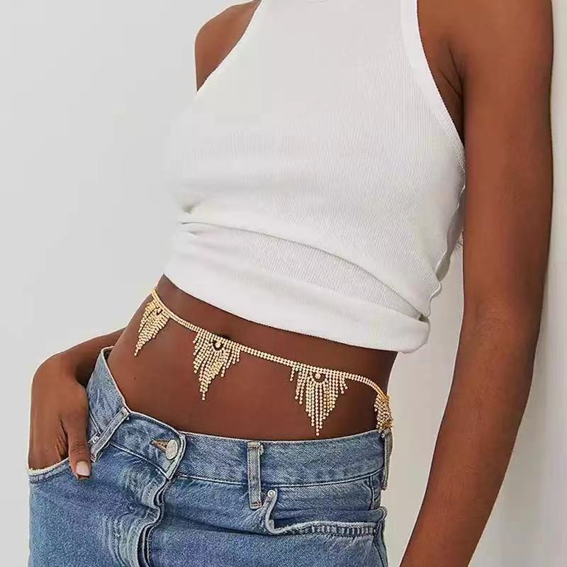 Transfronterizo europeo y americano nuevos accesorios moda rhinestone borla cadena de la cintura discoteca sexy cadena de la cintura