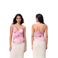 25欧美跨境小众复古印花撞色性感网纱拼接性感辣妹修身吊带小背心