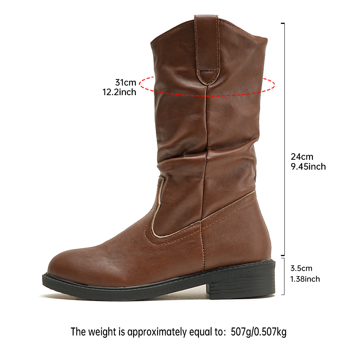 Women's Plus Size Pleated Slip-On Mid Heel Riding Boots British Style Mid Calf Autumn New Style Shoes_vogvips.com
