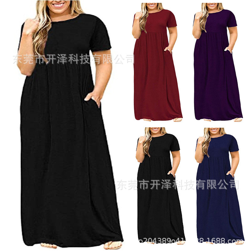 2024 Plus Size Women's Export Short-Sleeved Dress Pure Color Loose Flap Pocket Pants Long Skirt Comfortable and Fashionable Summer New Product