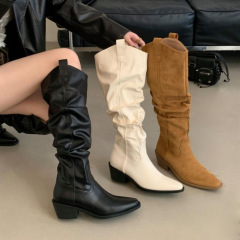小众尖头复古褶皱不过膝堆堆靴女粗跟西部牛仔靴高筒骑士靴长靴秋