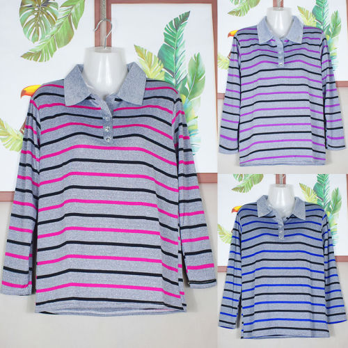 Middle-aged and elderly women's lapel tops casual mother's clothing spring and autumn striped T-shirt women's long-sleeved T-shirt base shirt