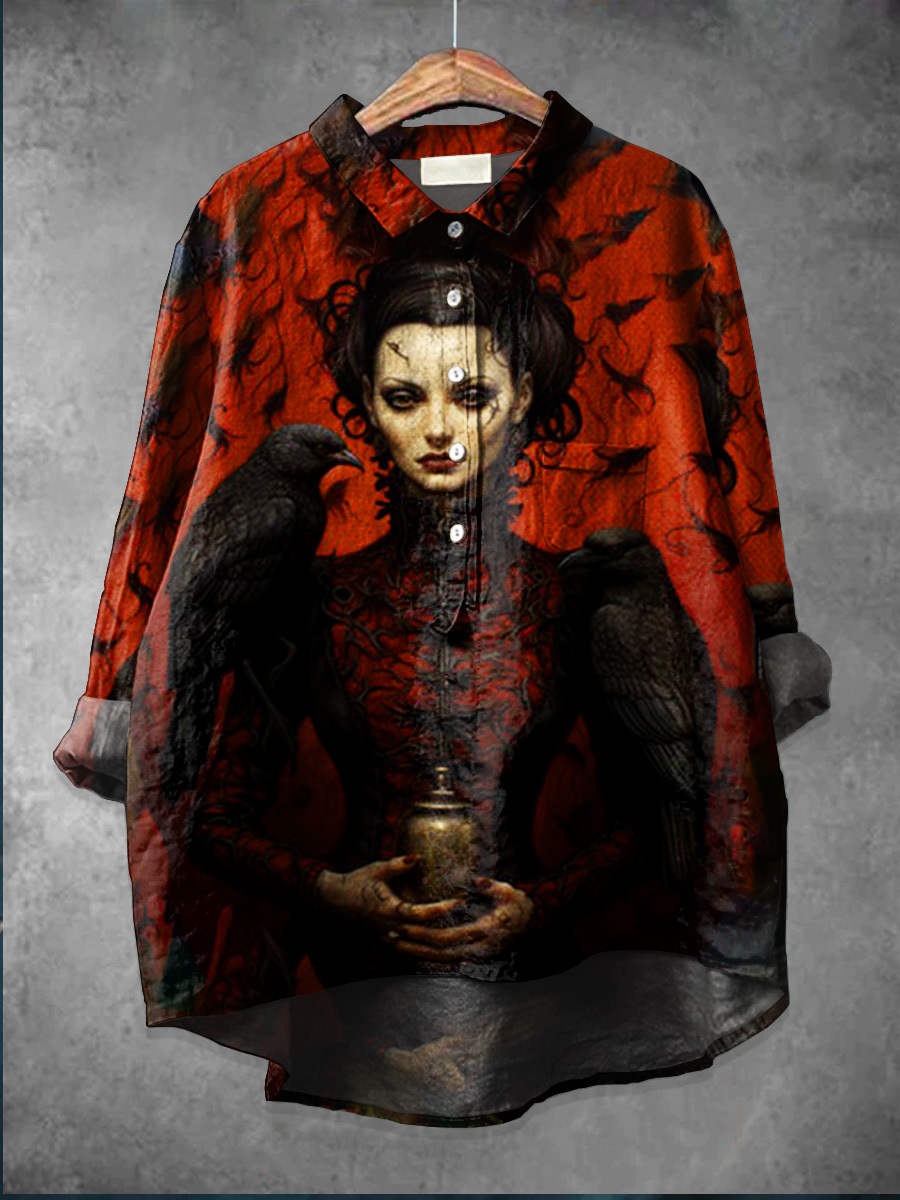 Vêtements pour femmes nouvelle mode décontractée motif Halloween impression chemise à boutons semi-ouverte pour femmes_voghion.com