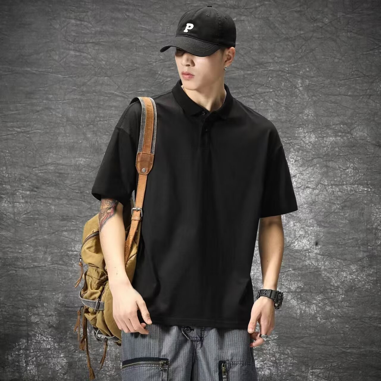 2025 Summer Polo Shirt Men's Trendyy Pure Cotton Versatile Top Loose Lapel Half-Sleeved Pure Color Short-Sleeved t Cross-Border Style