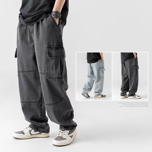 Japanese men's clothing double-layered pocket jeans for spring and autumn retro distressed work pants for men