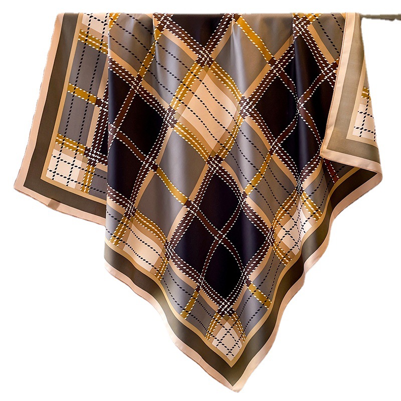 Checkered Color Block Temperament Scarf Women's Simple Light Luxury Silk Scarf Large Edition Square Scarf 90cm Sunscreen_voghion.com