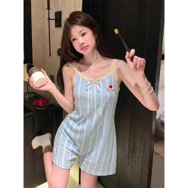 卡通可爱蓝色条纹吊带睡衣女夏季新款大码少女风连体家居服可外穿
