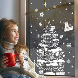 圣诞节装饰贴纸雪人圣诞树白色静电贴亚马逊爆款商场橱窗玻璃窗贴