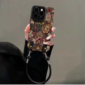 油画百草挂绳适用苹果16promax手机壳iphone13硅胶羊皮15复古小众