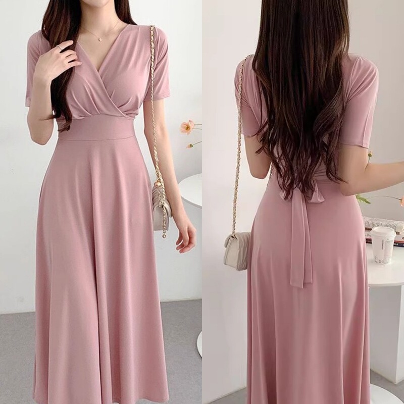 2025 New Style Waist-Cinching Red Commuter Dress Christmas Fashion Slim-Fit Women's Solid Color Wrap Tie Dress