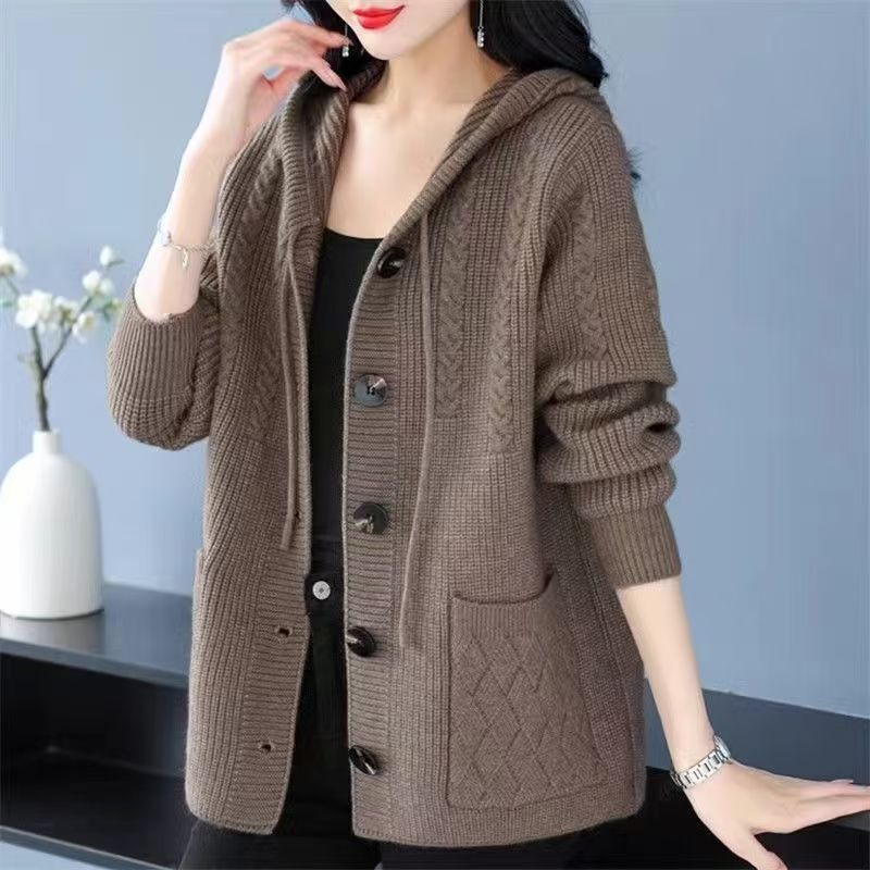 Autumn and Winter Mother's Outwear Women's Knitted Cardigan Middle-Aged and Elderly Loose Large Size Versatile Casual Thickeneded New Hooded Top