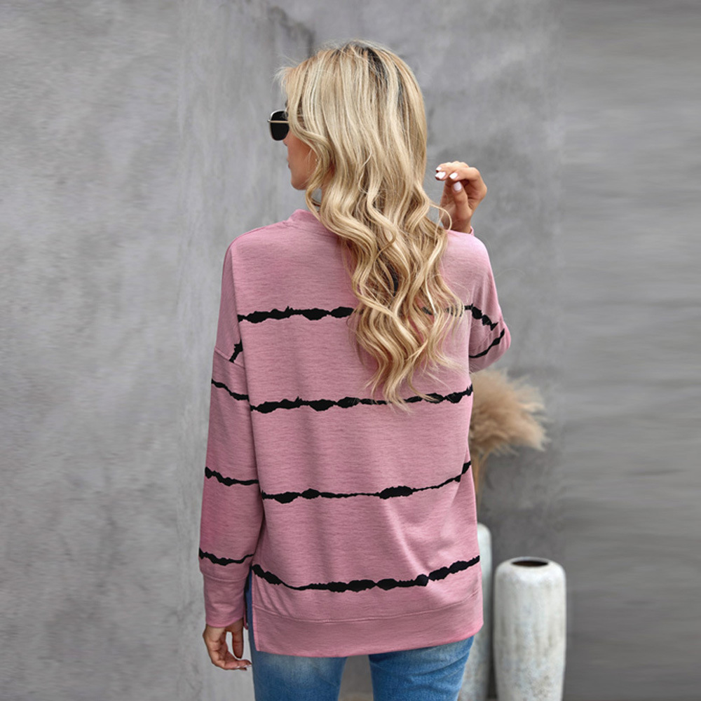 Large Hoodless Stripe Printed Sweater Women Loose Long Sleeve Crew Neck Top
