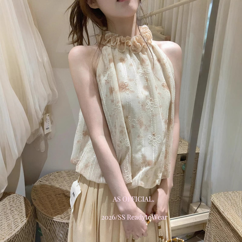 As Official Atmosphere-Creating Sequined Floral Halter Neck Sleeveless Top for Women, Sweet Off-Shoulder Shirt for Summer As Official Atmosphere-Creating Sequined Floral Halter Neck Sleeveless Top for Women, Sweet Off-Shoulder Shirt for Summer