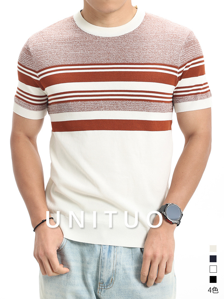 Ropa de hombre de verano alta sensación de cuello redondo camiseta de punto de seda de hielo marca de moda para hombres de manga corta chaqueta de negocios casual ropa de hombre