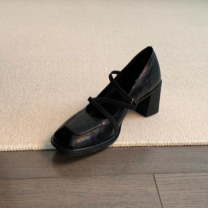 Sheepskin Version ~ Black Square Toe Silent Commuter High-Heeled Shoes for Women Retro Wrapped Genuine Leather Shallow Mouth Mary Jane Shoes