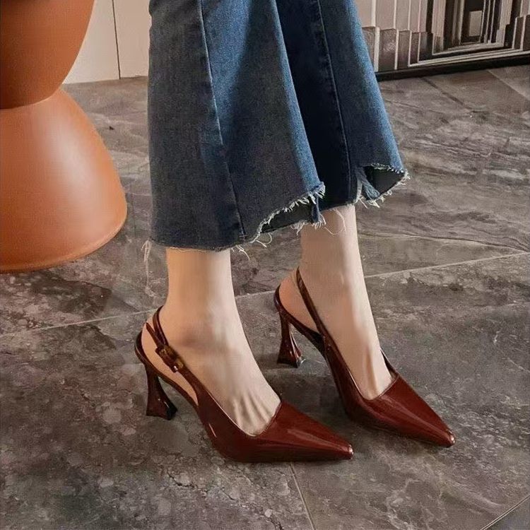 2025 Spring New Popular Burgundy Back Strap Toe Sandals Women's Patent Leather Fashion Stiletto Pointed Toe High Heels