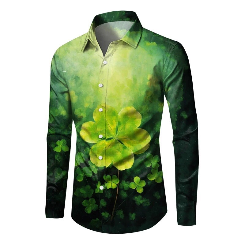 Casual Lucky 3D Men's Pattern Green Long Sleeve Shirt Clover Print Men's Shirt Top in Stock