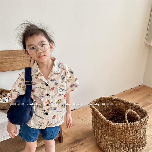 2024 new children's clothing summer products Children's summer clothing Korean style denim short-sleeved shirts boys and girls shirts 123300