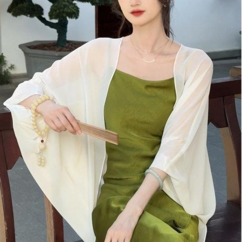 新中式百搭遮肉披肩春夏秋薄款防晒开衫宽松显瘦纯色上衣雪纺外套