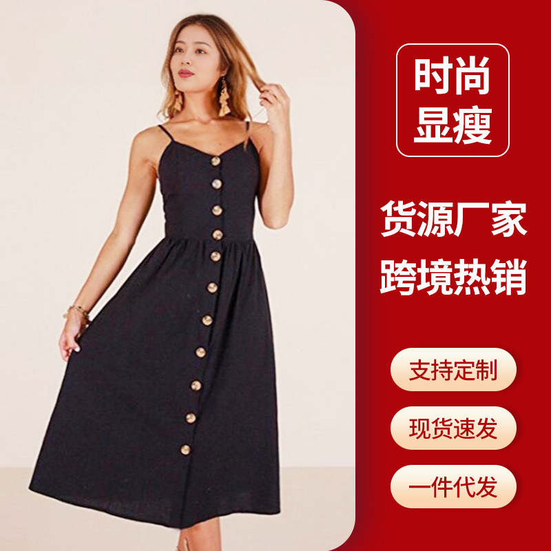 2025 Summer European and American Women's Strap Dress Button Backless Cross-Border Women's Clothing Pineapple Print Sleeveless Dress