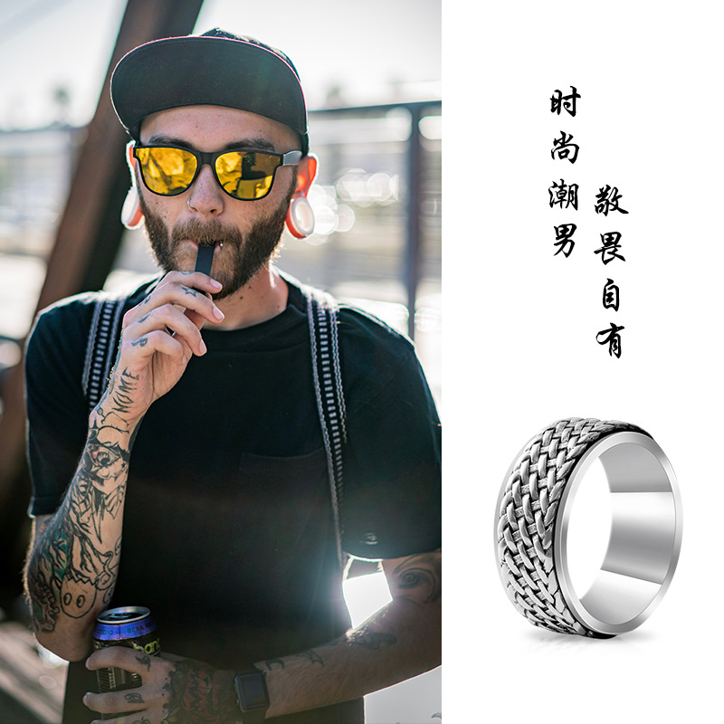 可轉動編織網時來運轉戒指男女食指潮男個性ins小眾復古旋轉指環