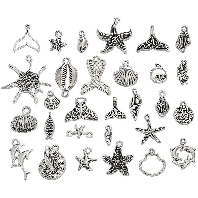 Заводская прямая продажа аксессуаров для ювелирных изделий из цинкового сплава в ретро-стиле, морская серия, подвески в виде морской звезды, рыбьего хвоста и ракушки.
