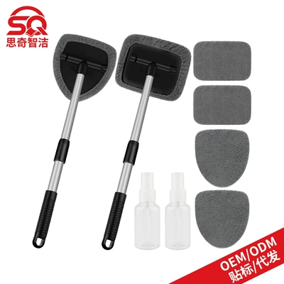 Brush Set – Car cleaning tools - 1-square-plastic-piece-1-pentagonal-plastic-piece-4-gray-cloth-covers-2-100ml-spray-bottles