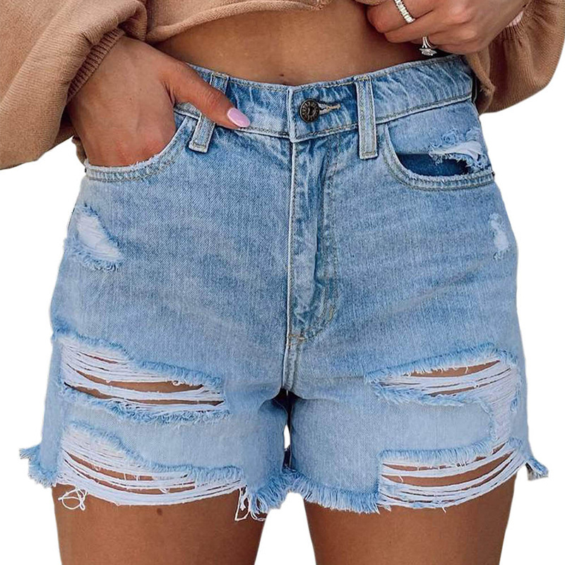 时颖欧美破洞牛仔裤高腰显瘦亚马逊2022夏季新款宽松休闲牛仔短裤