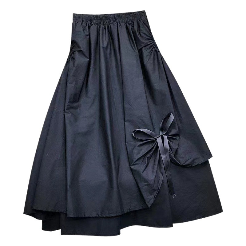 Lolita student Midi Dress cute Lolita bow skirt black fake pocket design large swing A- line skirt