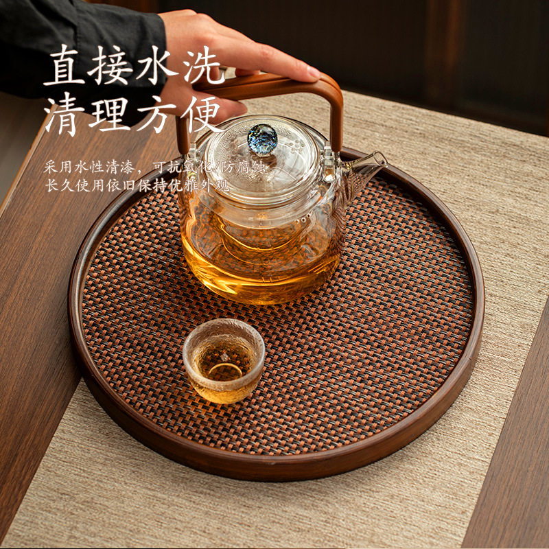 Light luxury retro new style bamboo tea serving refreshment fruit plate home walnut color round with placemat hospitality tea tray