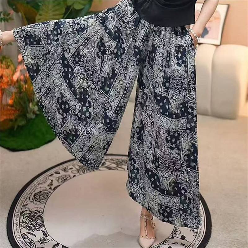 爆款印花减龄阔腿裤女2026夏季新款垂感八分裤宽松时尚妈妈装裙裤