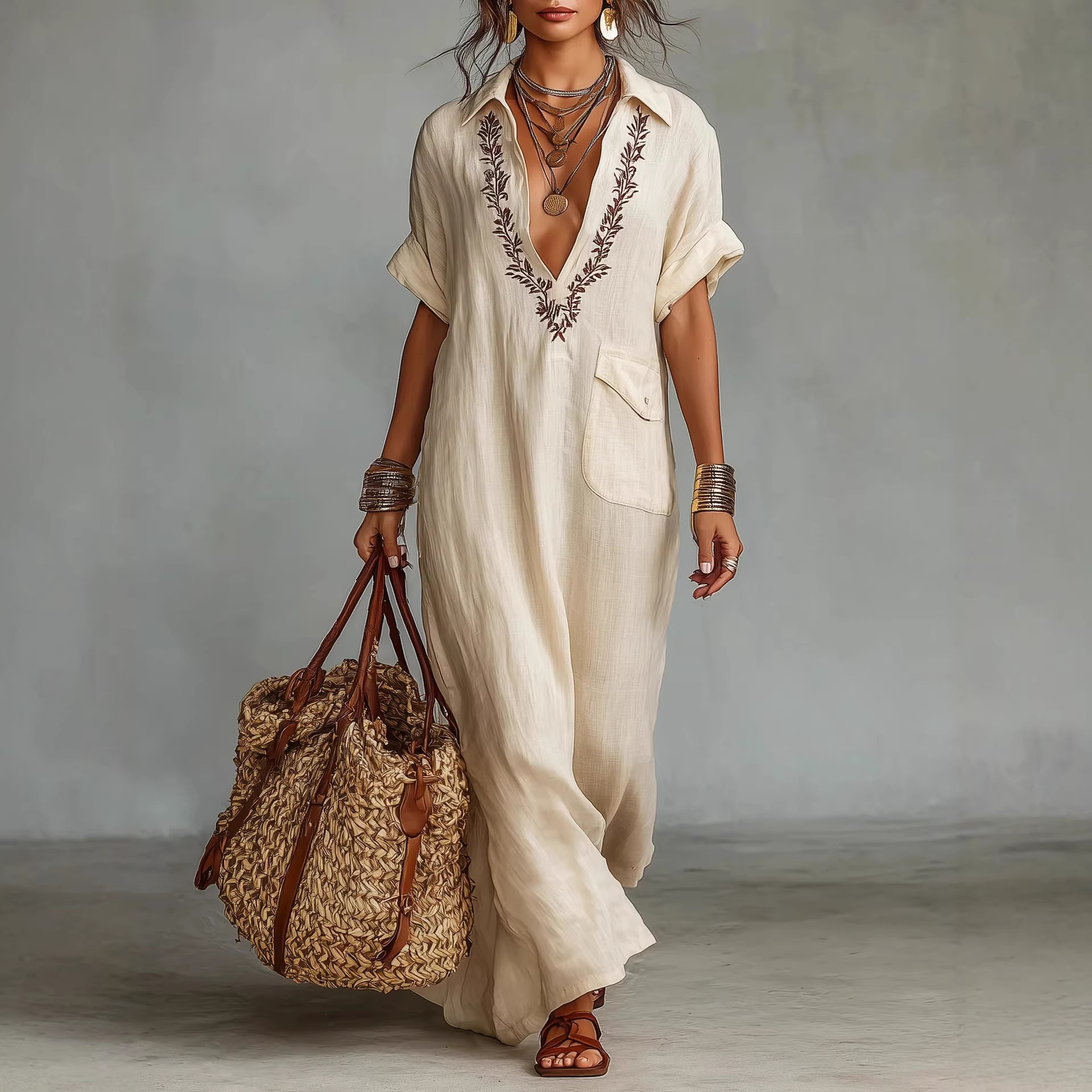 2026 European and American Women's Fashion Independent Site Amazon Solid Color Leaf Lapel Pocket Short-Sleeve Embroidered Long Dress