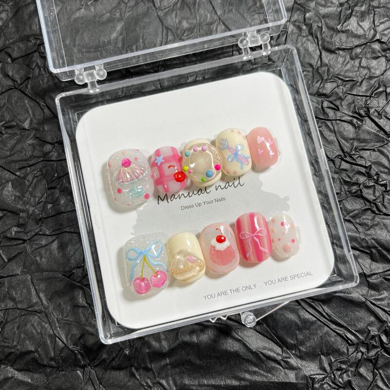 Handmade cute cartoon girl short round wearing nail patch detachable A306