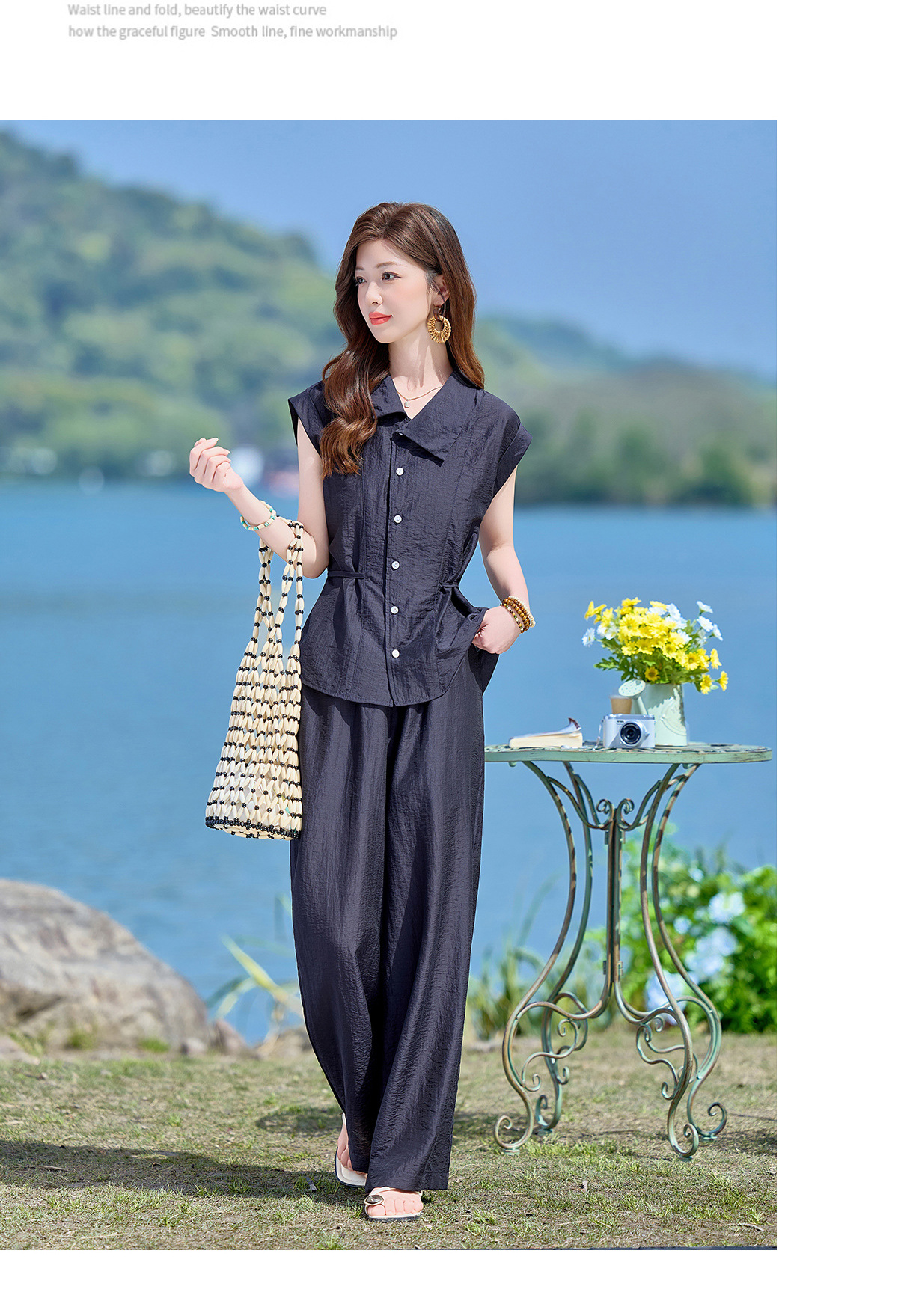 Bộ hai mảnh sơ mi phối quần ống rộng phong cách Pháp cổ điển, thiết kế thanh lịch, tôn dáng — Xanh lông mòng đen, màu xám chi tiết 17