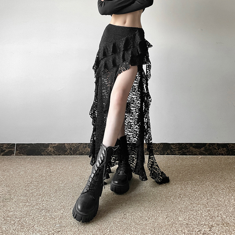 Cross-border European and American style 2024 autumn new women's unique design black lace wavy pleated skirt Cross-border European and American style 2024 autumn new women's unique design black lace wavy pleated skirt