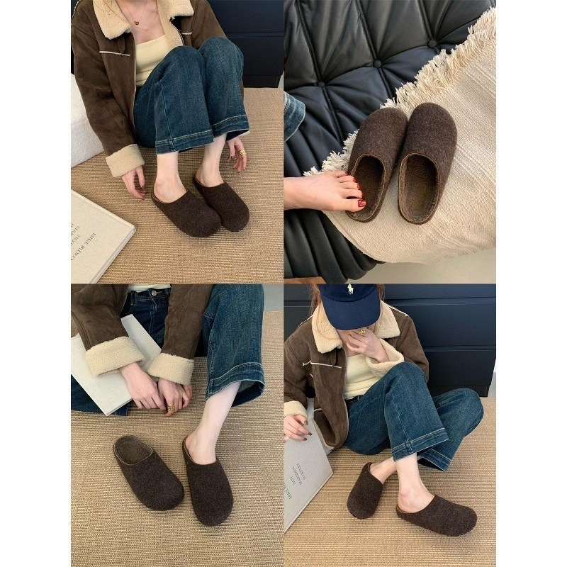 加绒勃肯鞋女厚底半拖秋冬新款毛毛拖鞋女外穿一脚蹬包头拖|undefined