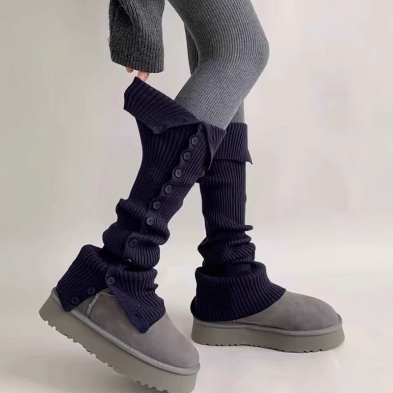 Autumn and Winter Niche Poetry Lan Style Slouch Socks Button Socks Mid-Calf Socks Solid Color Fashion Versatile Soft Slouch Socks