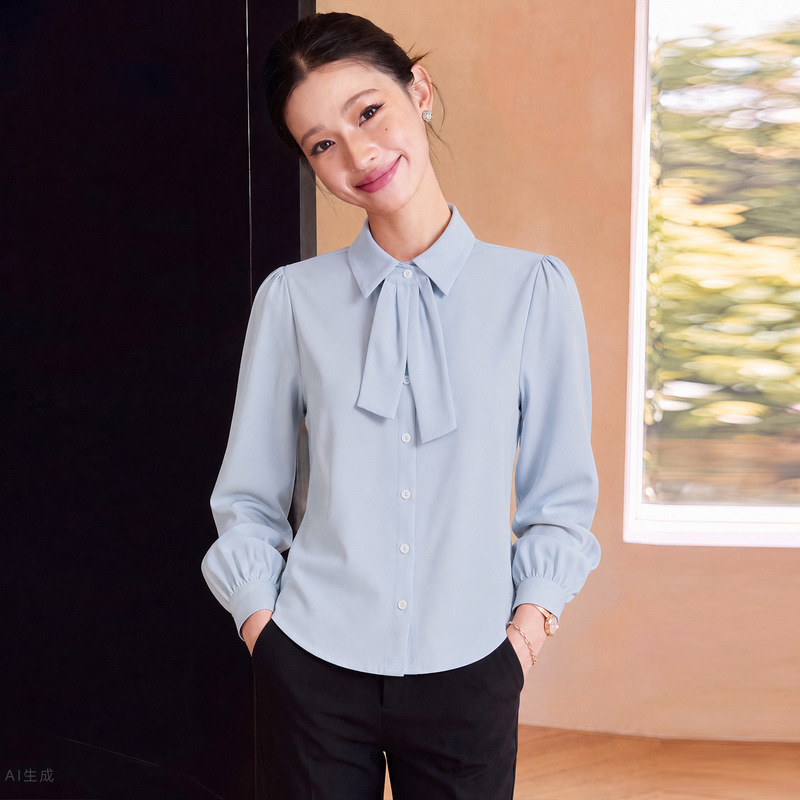 Elegant and Luxurious Blue Acetate Satin Shirt for Women, 2026 New Spring/Autumn Bowknot Chiffon Blouse