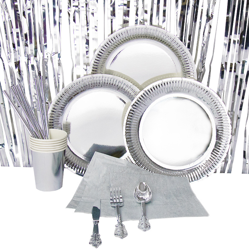 Juego de vajilla de papel desechable traje de fiesta de año nuevo de plata 7 pulgadas plato de papel de 9 pulgadas taza de papel tejido paja decoración