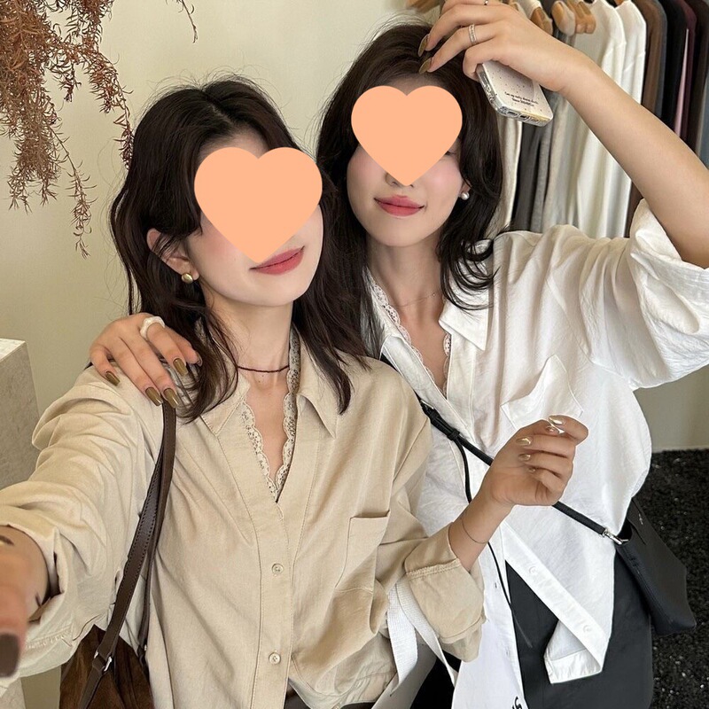 2025 New White Sunscreen Lyocell Lace Splicing Fake Two-Piece Shirt Loose Lazy Top for Women