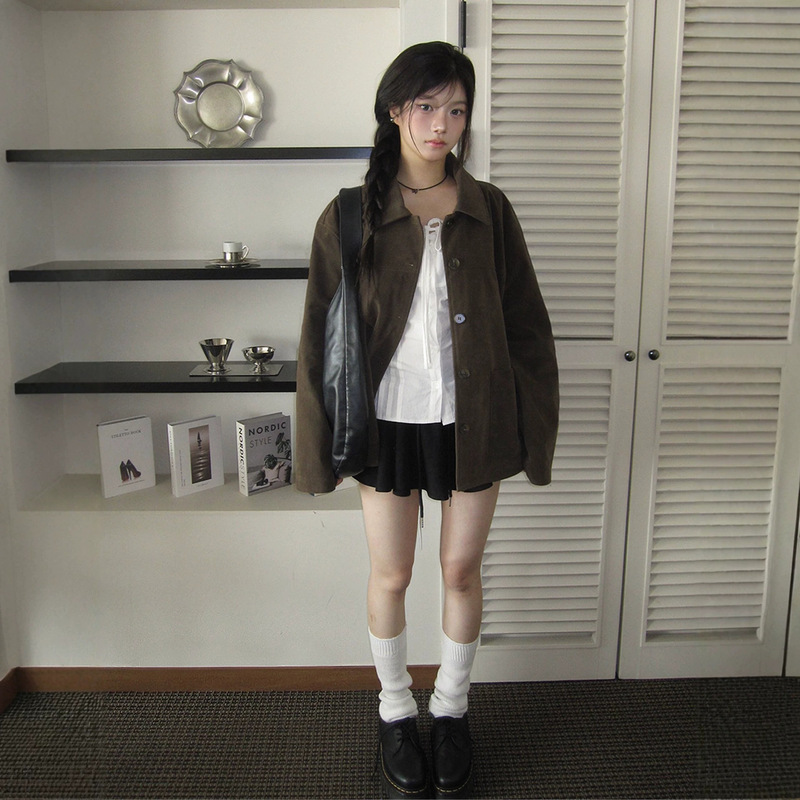 Now Available: Korean Designer Modim*D Retro Suede Lapel Jacket, Korean-Style Women's Single-Breasted Loose Jacket Now Available: Korean Designer Modim*D Retro Suede Lapel Jacket, Korean-Style Women's Single-Breasted Loose Jacket