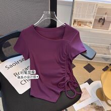 韩系不规则抽绳斜领短袖T恤女夏季新款遮肚显瘦设计感正肩上衣潮