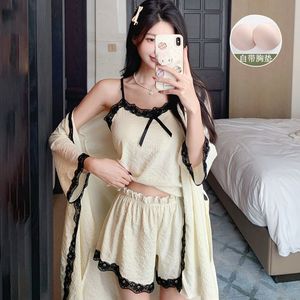 吊带睡衣女夏季新款蕾丝边带胸垫一体可外穿三件套高级感家居服夏