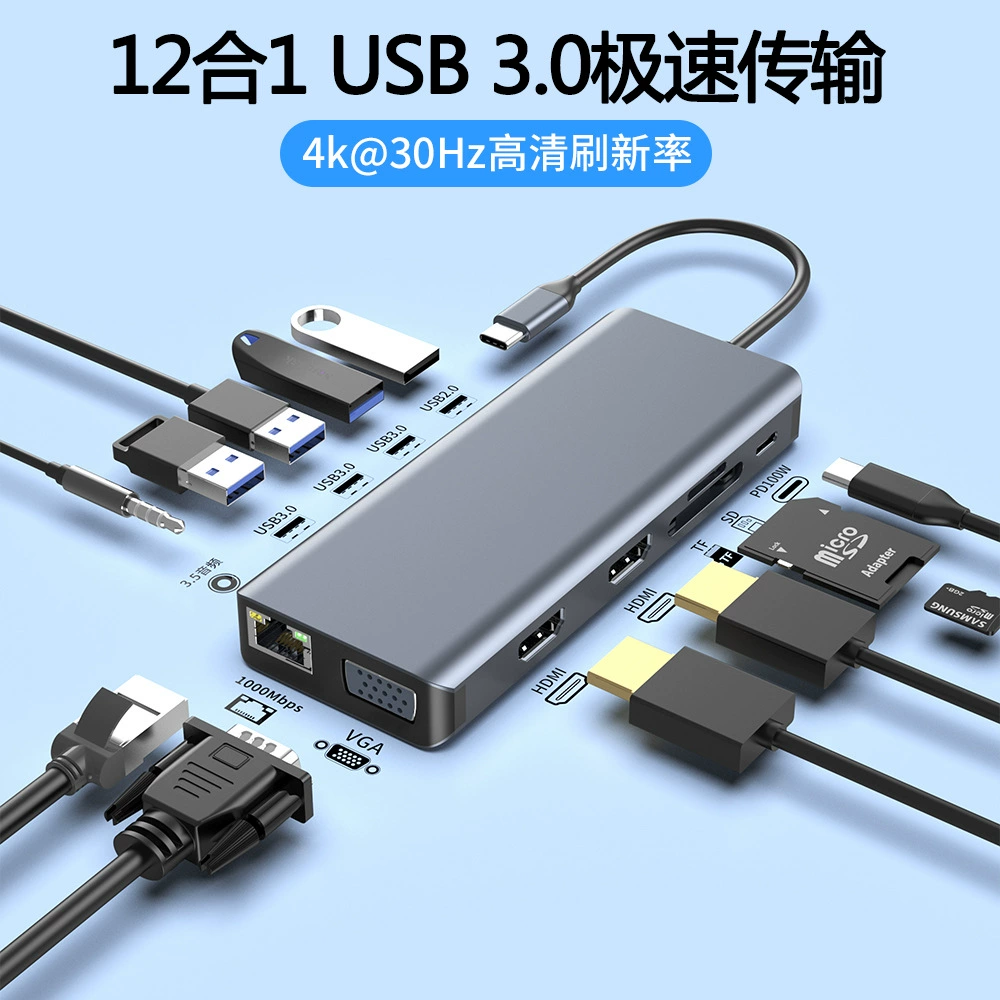 Многофункциональная док-станция Type-C 12-в-1 с двумя портами HDMI, поддержкой 4K, функцией расширения экрана и гигабитным сетевым адаптером RJ45