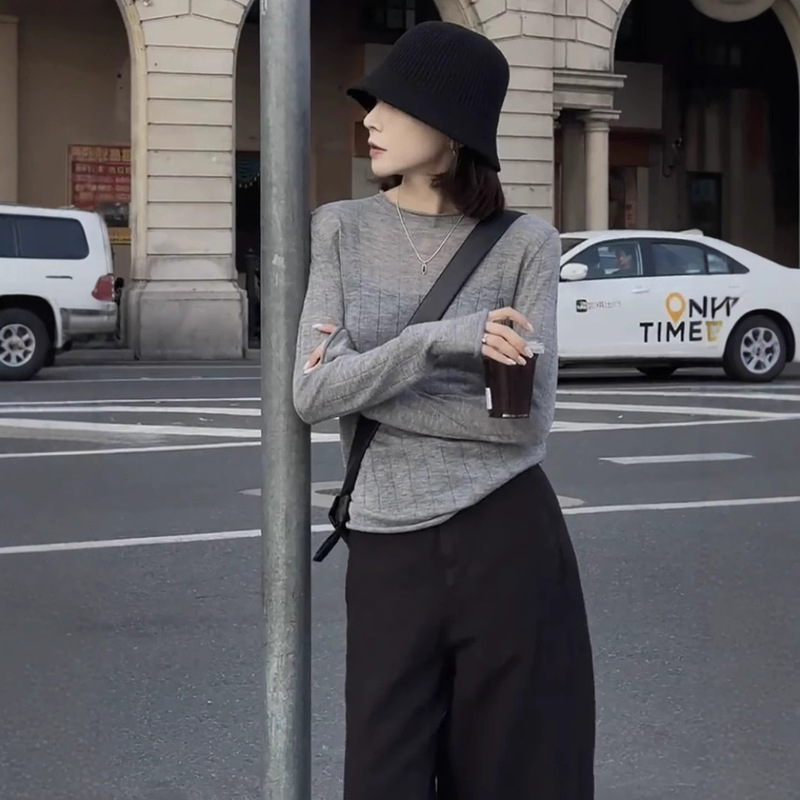 New Worsted Wool Base Shirt with Roll-up Round Neck Women's Thin Pullover Knitted Inner Top Fashion for Autumn and Winter