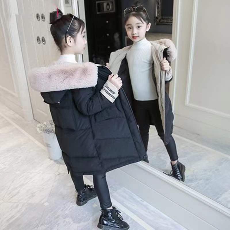 2025年冬新作 女の子用コットンコート 韓国風 中高生向け ロング丈 厚手 大きなファー襟 大きなポケット付きコットンコート|undefined